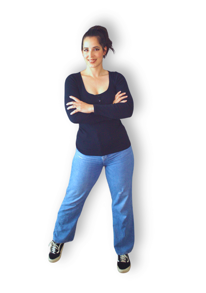 Gina Bley, Marketing Expert, dressed in black longsleeve top with jeans and sneakers