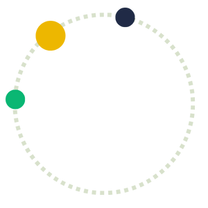 Graphic Circle "3-dots" in light grey dotted circle with three dots in dark blue, light green, and bright yellow