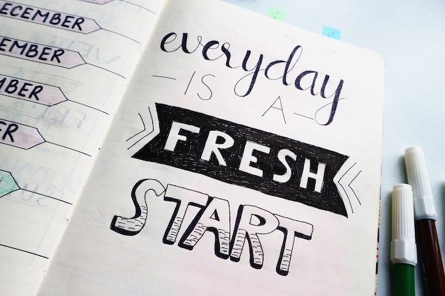 Image for the article "Daily Routines of Successful People" shows an open notebook with a quote "everyday is a fresh start" written in various modern letterings